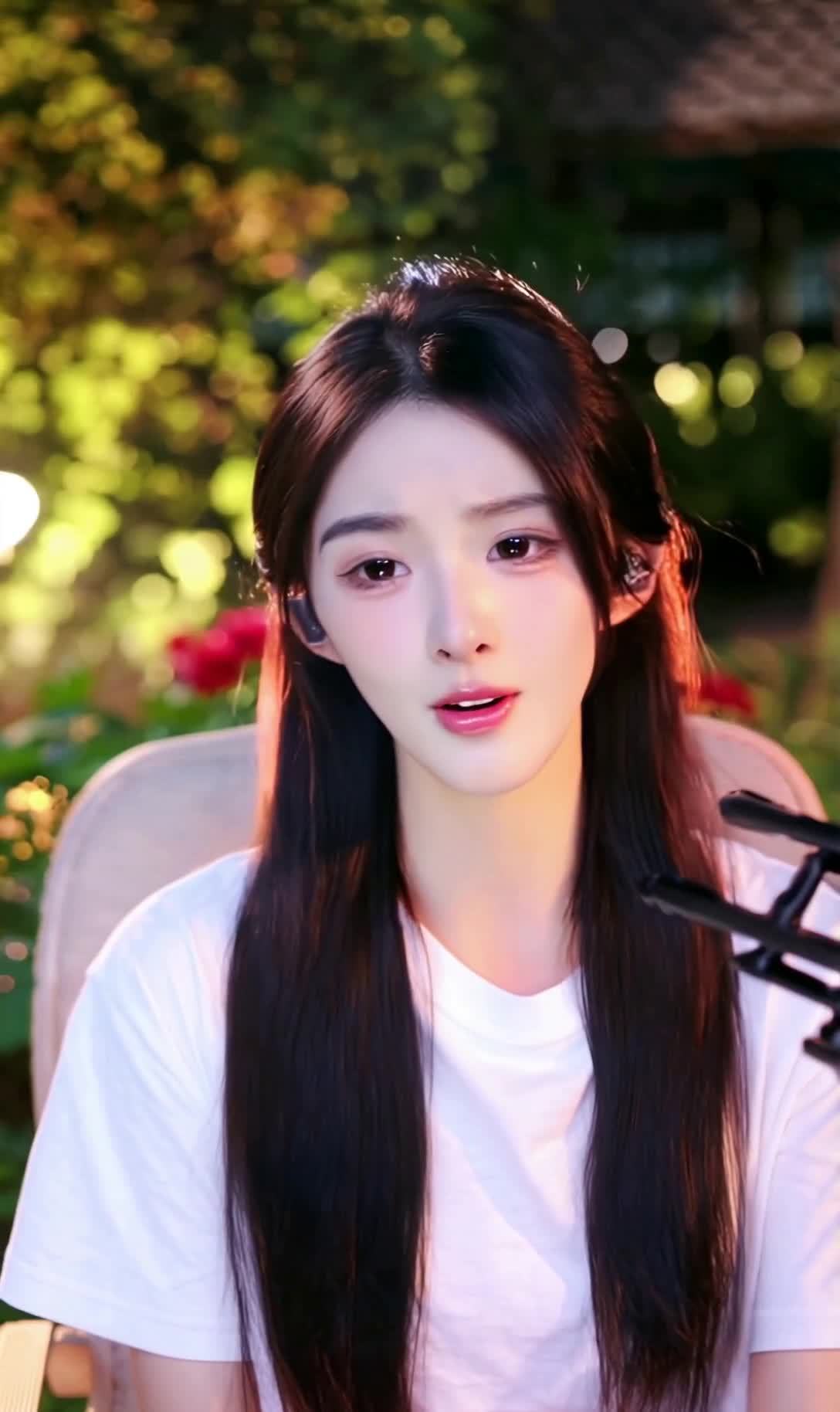 微笑长发女子在户外对着麦克风直播