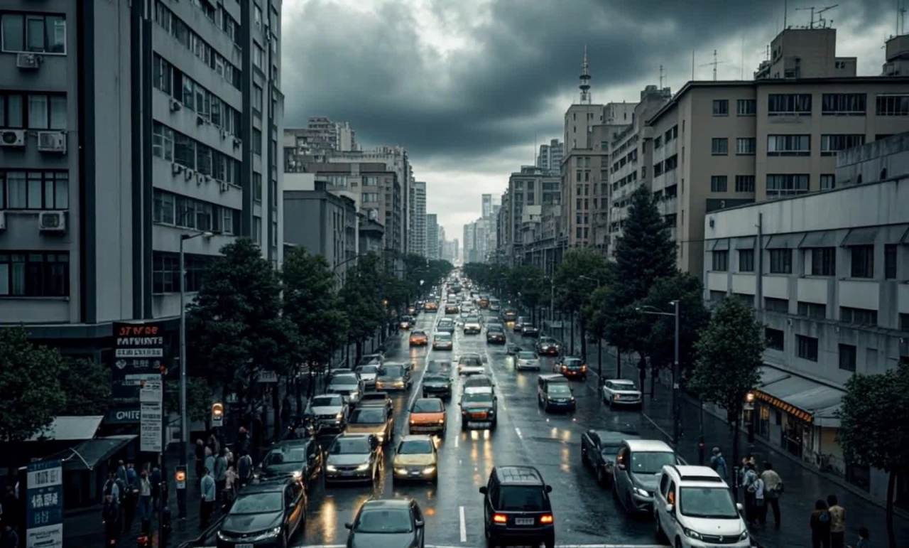 阴天城市街道车流拥挤，行人聚集，高楼林立路面湿滑