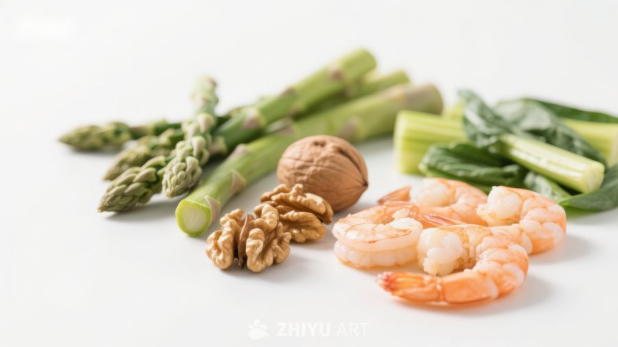 虾仁芦笋核桃食材组合