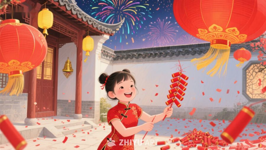小女孩手持鞭炮庆祝节日 959