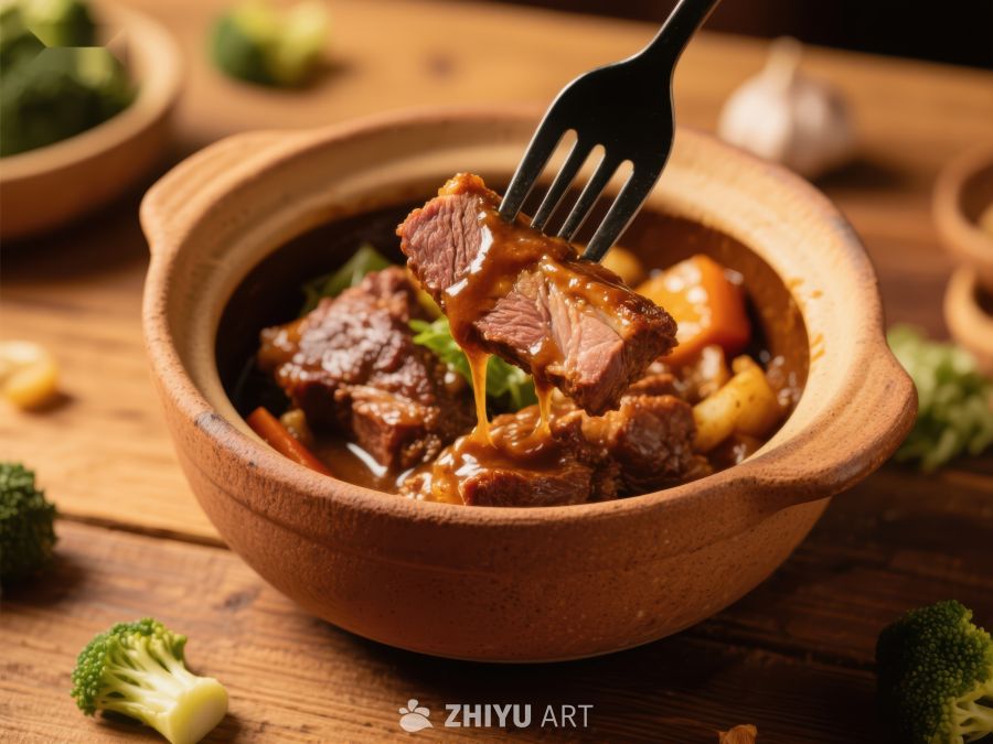 叉子夹起美味炖牛肉 64