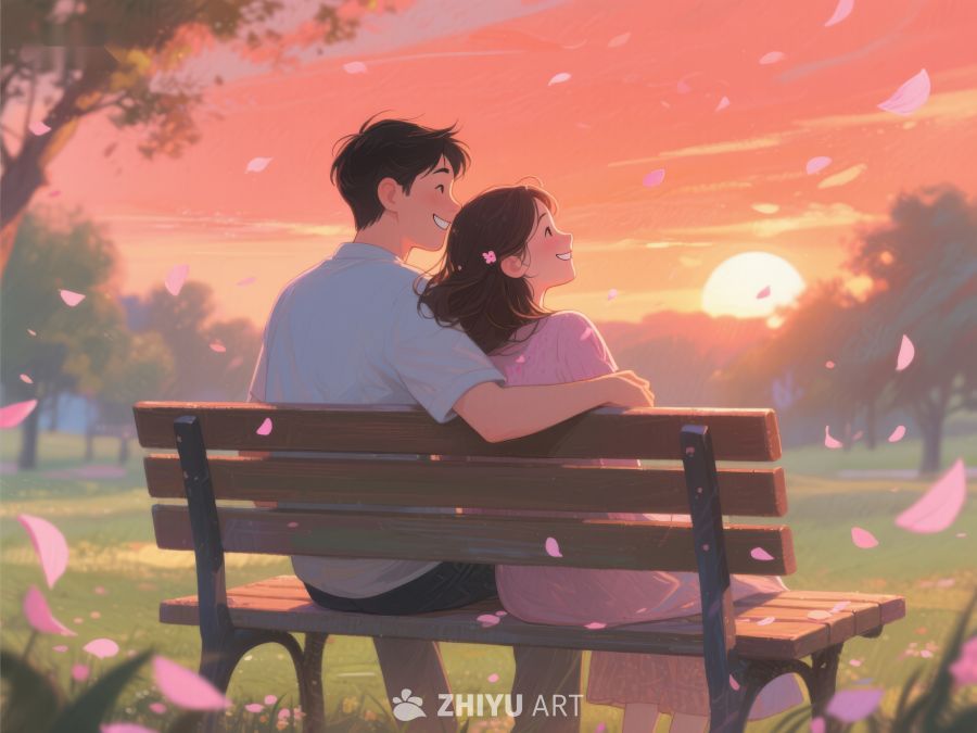 夕阳下公园长椅上的温馨时刻 877