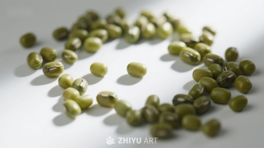 绿色豆粒散落桌面