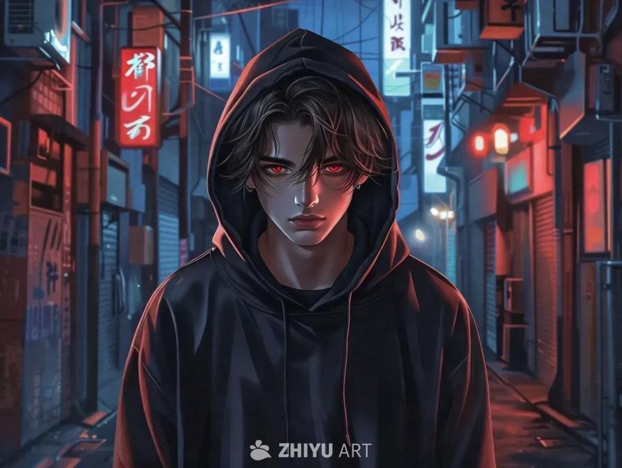 一个穿着连帽衫的青少年男子站在昏暗的小巷里。他中等