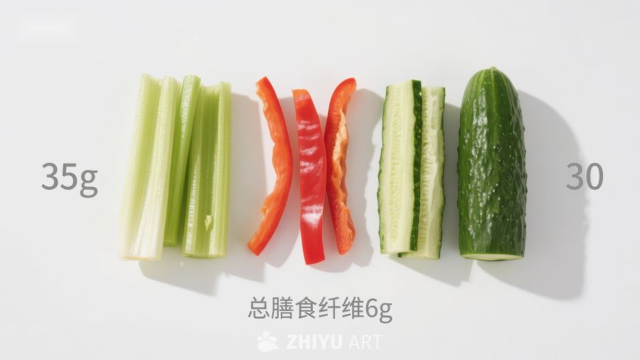 蔬菜切片展示：膳食纤维含量标注