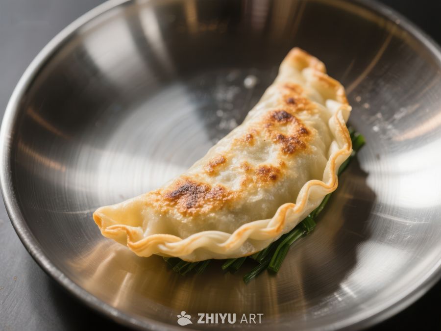 金黄煎饺置于金属碗中 462