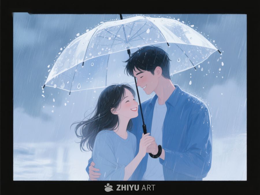 雨中情侣共撑伞温馨时刻 1088