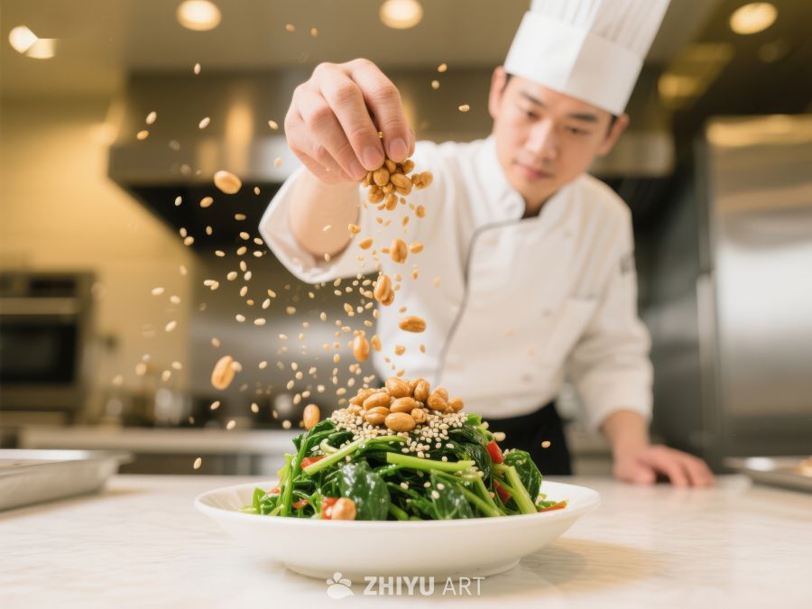 厨师撒花生装饰绿色菜肴 87