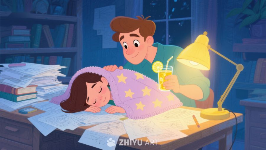 温馨夜景：男孩轻抚熟睡女孩 489