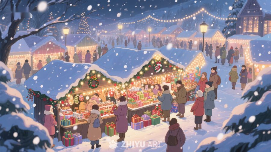 冬夜雪中热闹的圣诞集市 136
