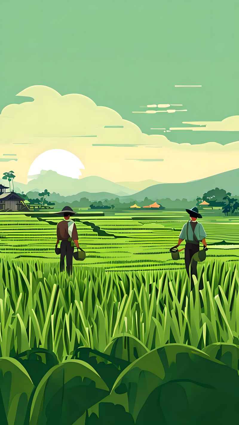 稻田和农作物中的农民绿色范例风格插画 48