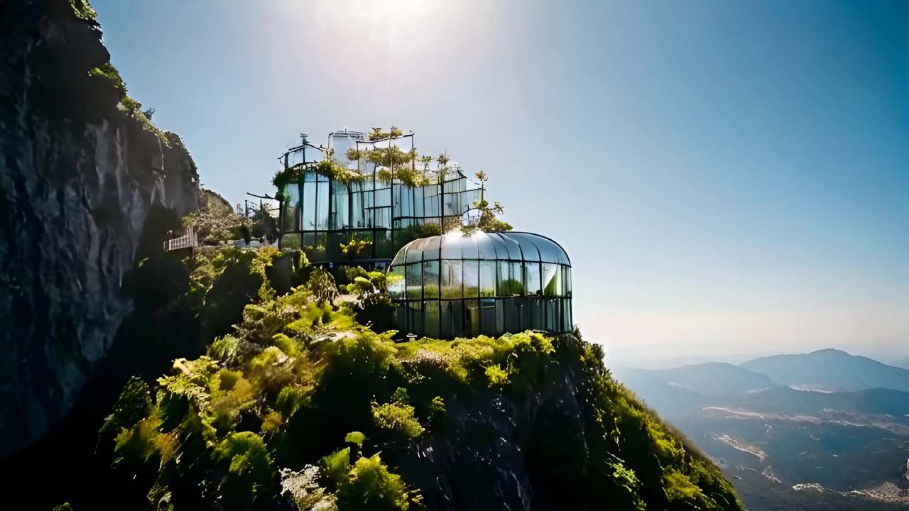 山崖顶端坐落着由玻璃结构组成的建筑，建筑呈阶梯状分