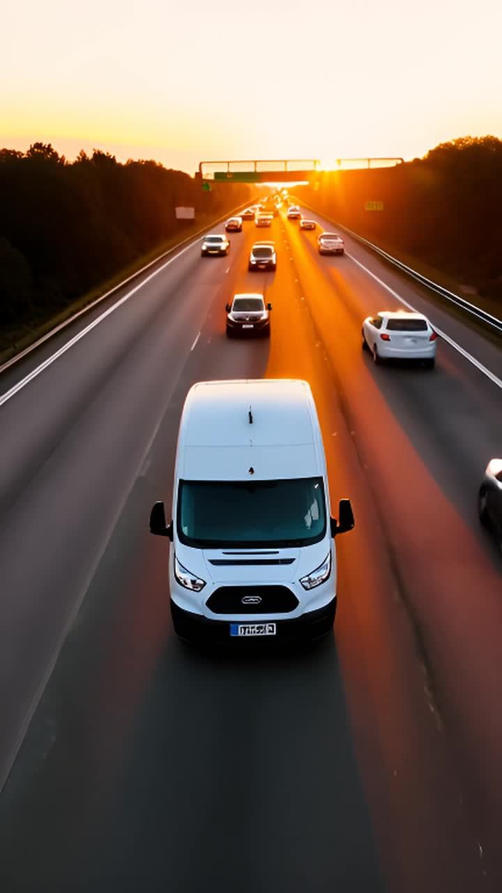 高速公路上的白色福特全顺货车。俯视静态镜头：一辆白