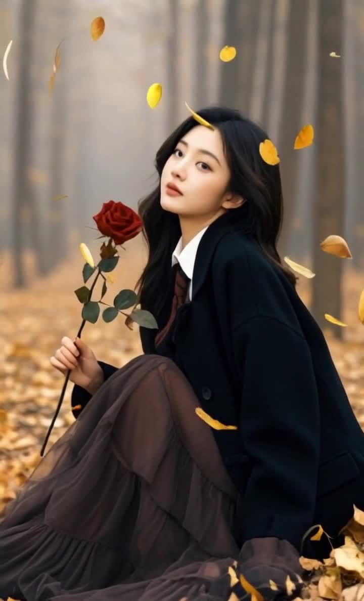 手持红玫瑰的秋日女孩，落叶与忧郁氛围