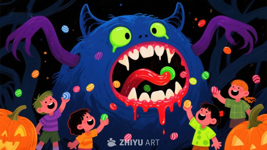 孩子们与糖果怪兽的欢乐互动