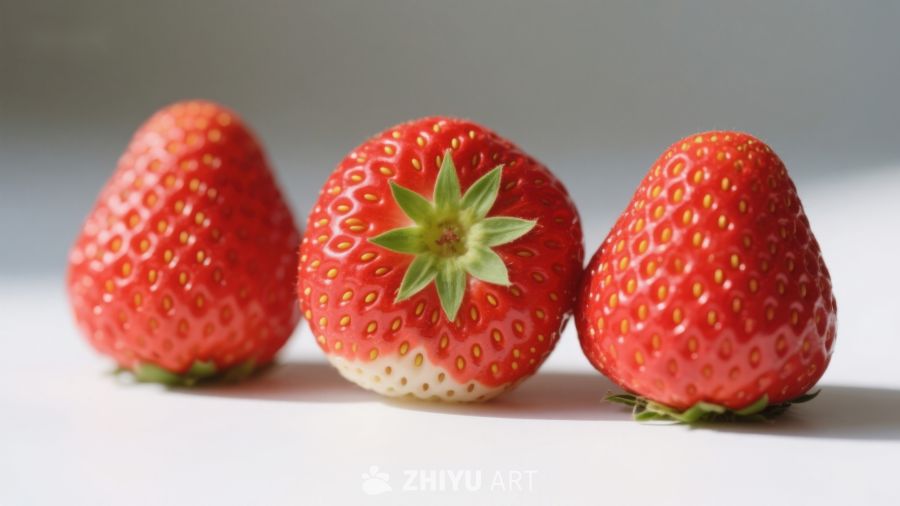 三颗新鲜草莓并排展示
