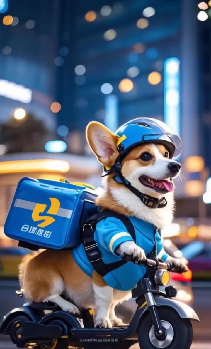戴头盔柯基骑电动车送外卖，日达便包城市送货。