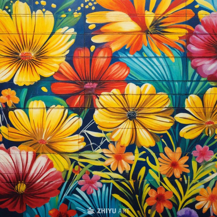 墙上绘制了一幅色彩鲜艳的花卉画作，风格充满活力。花