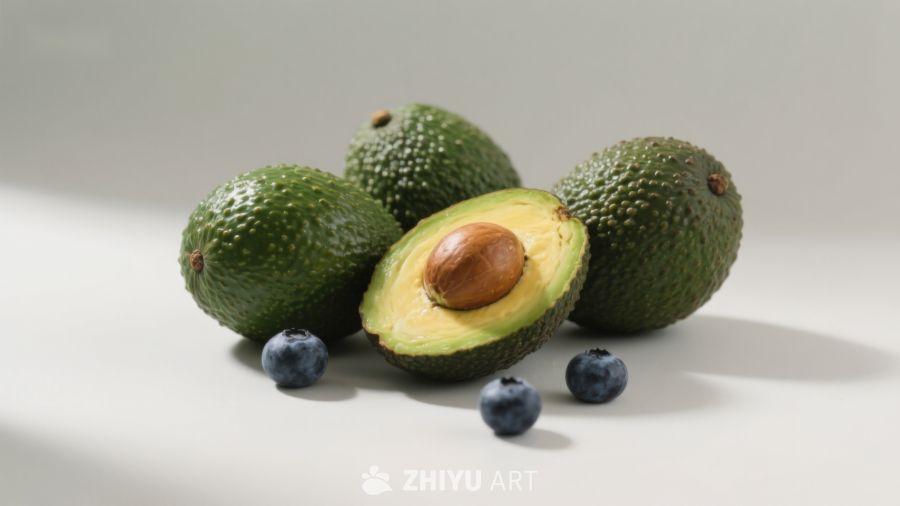 新鲜牛油果与蓝莓静物图