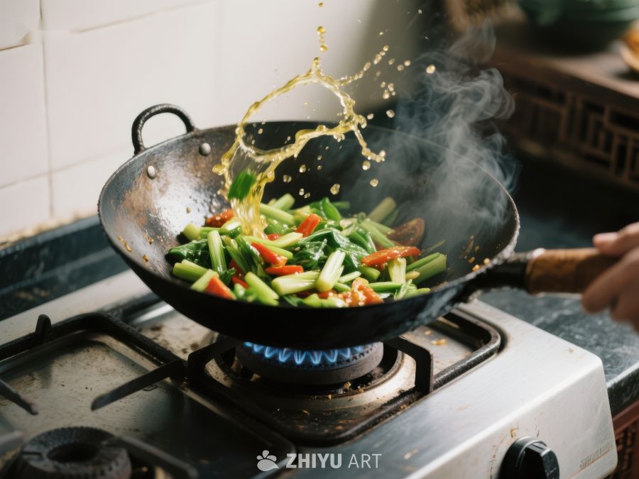 炒锅中翻炒蔬菜的瞬间 53