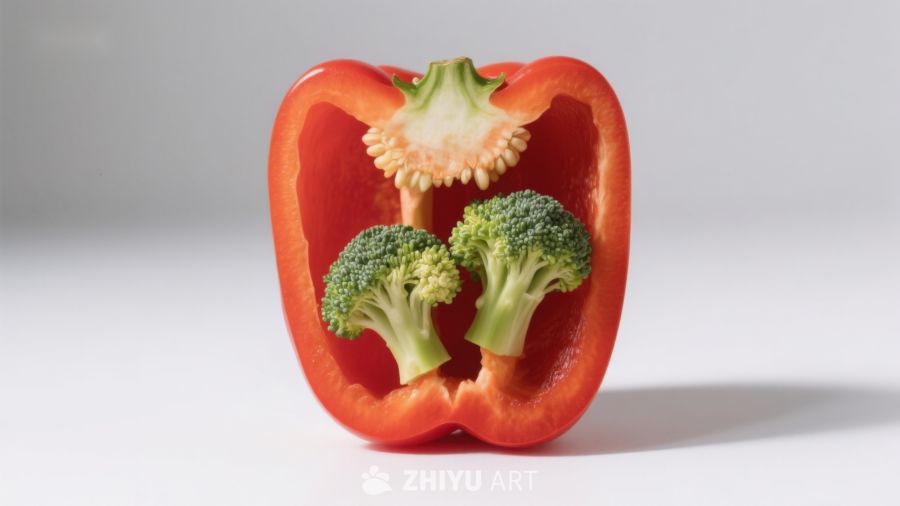 红椒中放置西兰花的创意摆盘