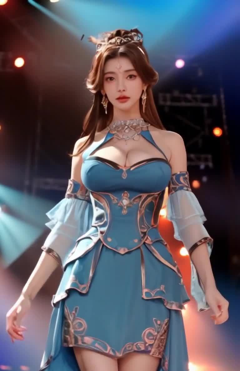 T台上，身穿蓝色华丽礼服的东方女性