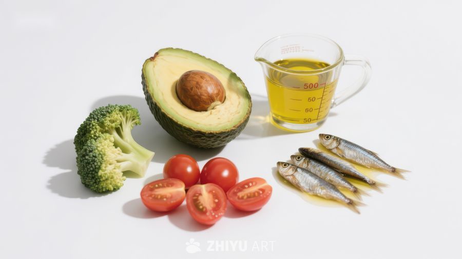 健康食材组合：牛油果、西兰花、番茄、小鱼和橄榄油