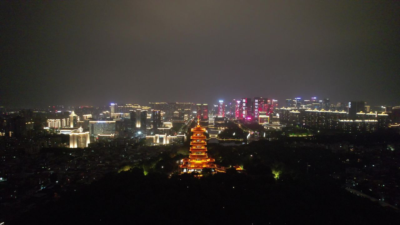 广东佛山夜景魁星阁地标建筑航拍 