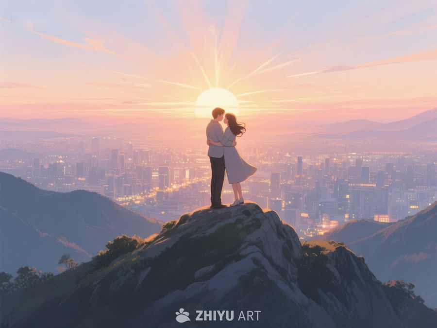 山顶情侣拥抱，城市夕阳美景 630