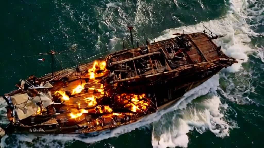 一艘燃烧着的海盗船正在波涛汹涌的大海中沉没。从高处