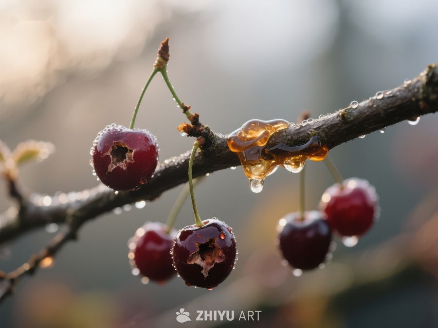 枝头樱桃与树胶滴落的清晨景象 790