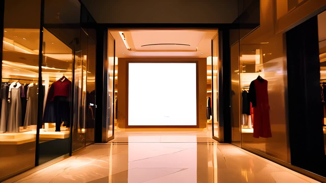 一个高档服装店的入口展开，镜头滑入内部，捕捉到内部