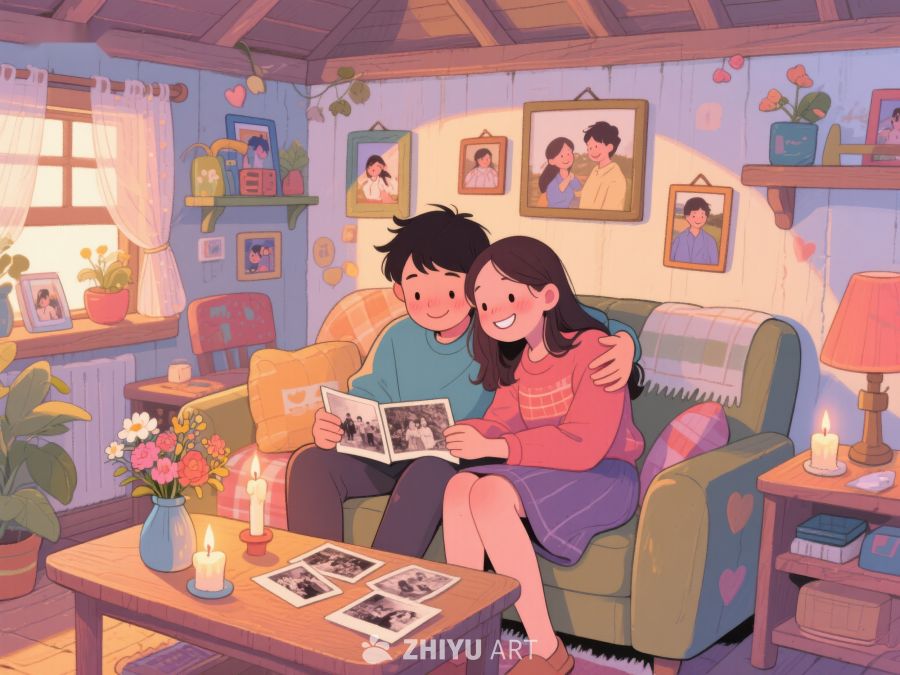 温馨客厅中的一对情侣共赏旧照片 701