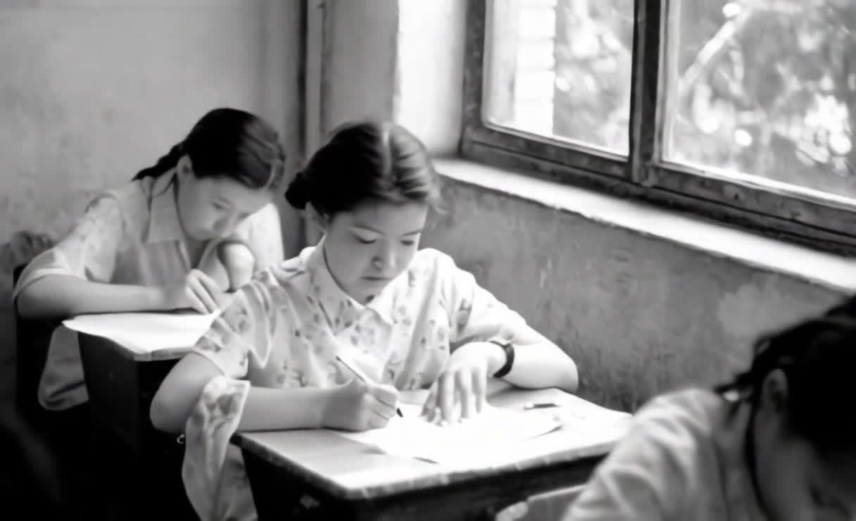 旧时教室：年轻女学生课桌前认真书写学习