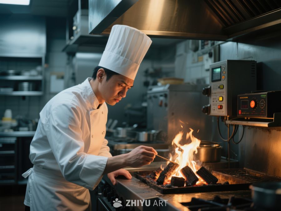 厨师专注烹饪，火焰映照厨房 64