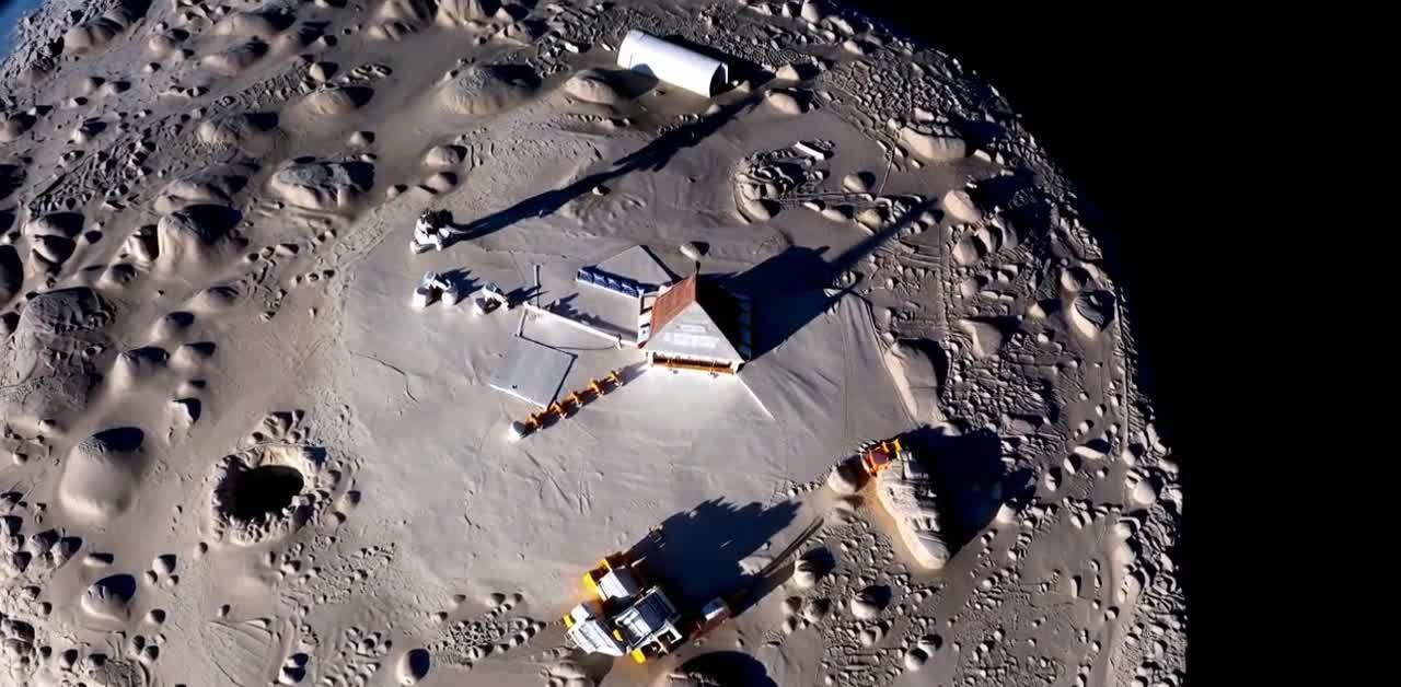 月球基地：陨石坑地形与建筑物及车辆