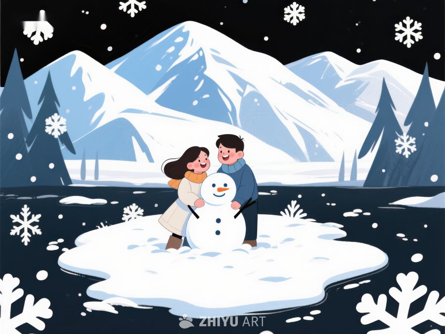 冬夜雪景中情侣堆雪人 156
