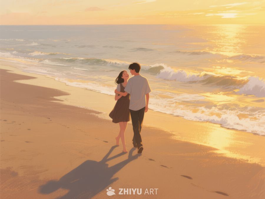 海滩夕阳下的情侣漫步 304
