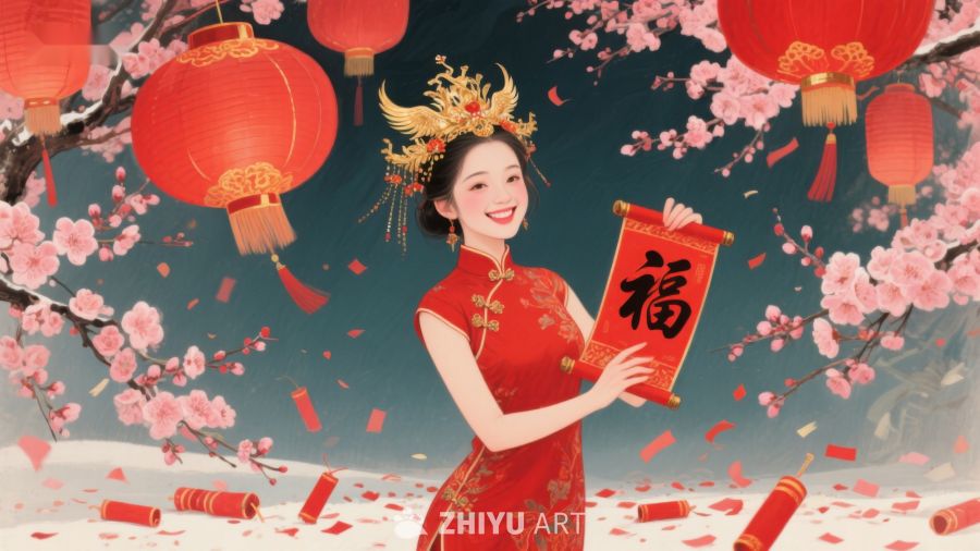 新春佳节，女子手持福字迎春 132