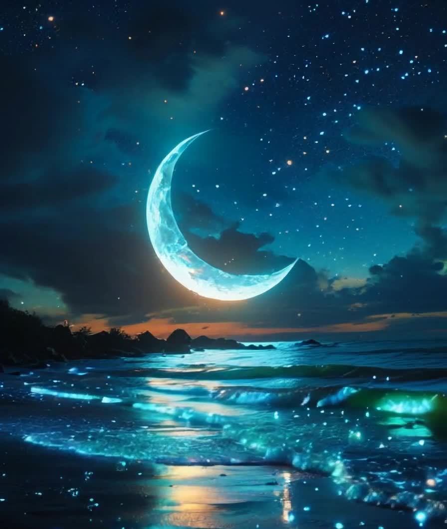 夜空新月海浪，星光点点，海岸线唯美意境。