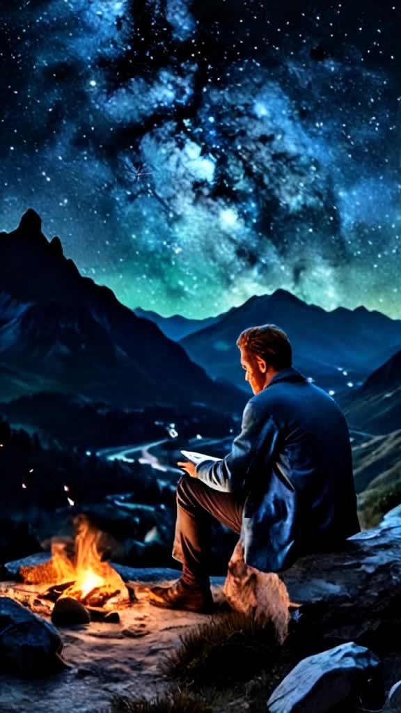 篝火在燃烧，星空中闪烁着光芒，一个人坐着翻阅书页。