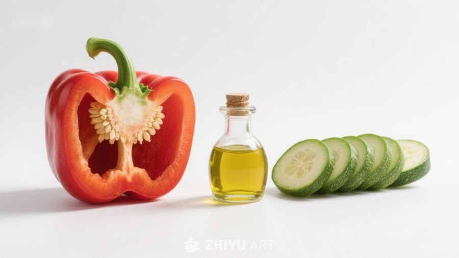 红椒黄瓜与橄榄油静物