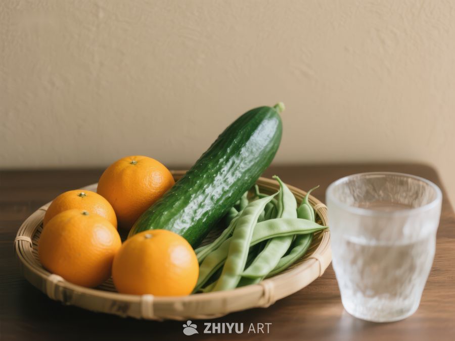 新鲜水果蔬菜与清水的静物组合 719
