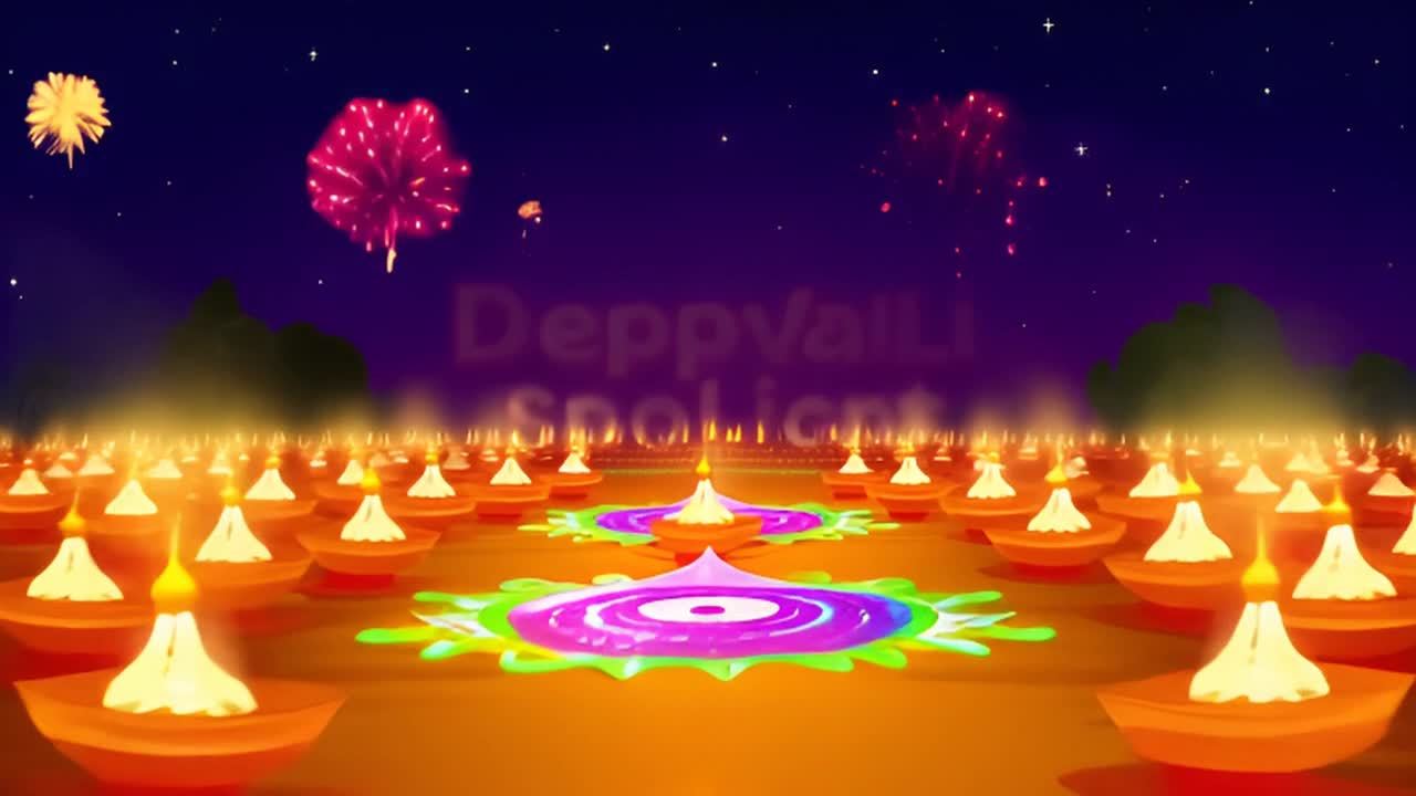 夜空中点缀着星星，许多烟花在绽放，地面上排列着众多