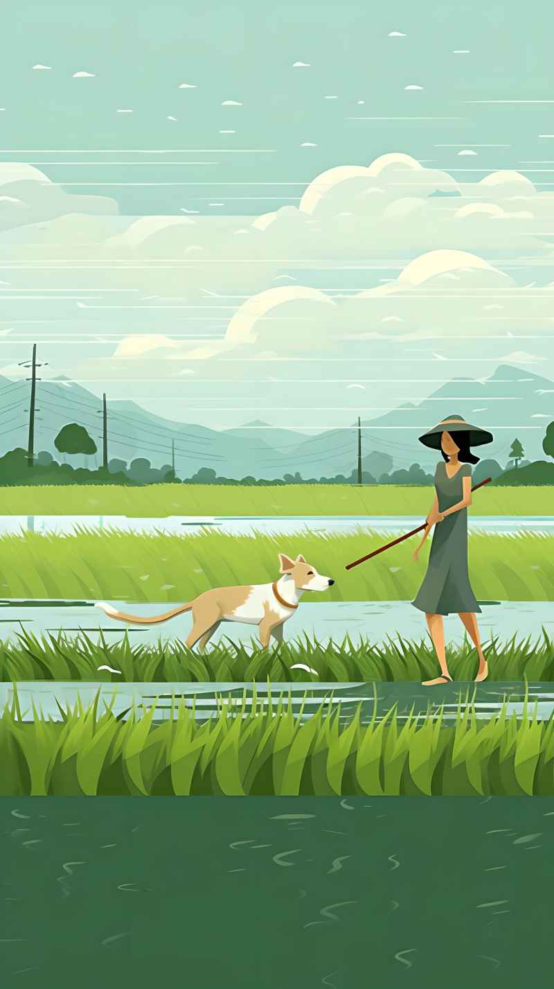 女人站在稻田与狗绿色插画 12