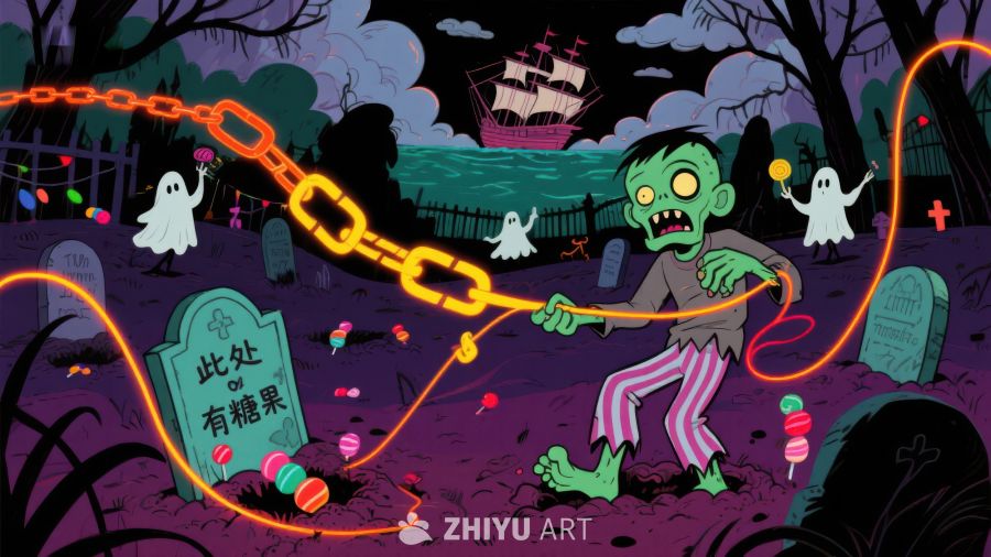 僵尸手持糖果链，墓地夜景欢乐万圣节