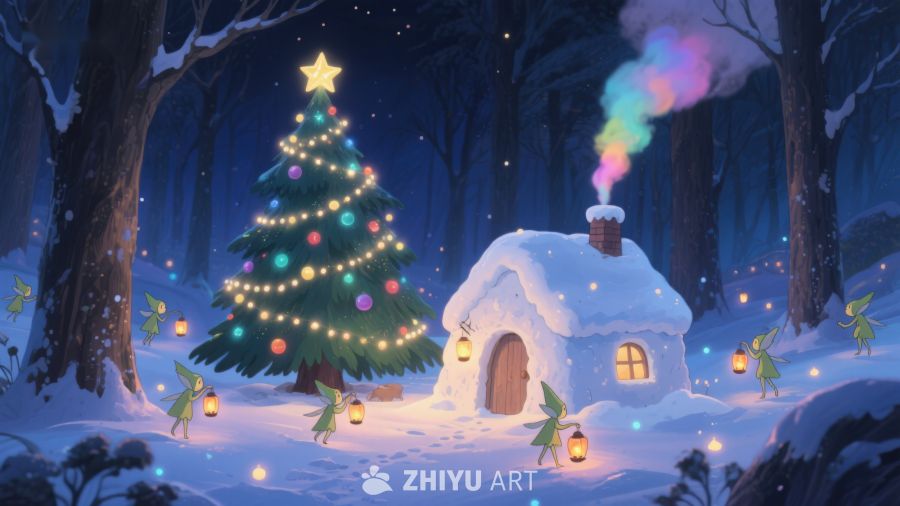雪夜森林中的温馨小屋与圣诞树 406