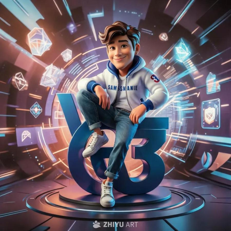 一个可爱的男性动画角色穿着牛仔裤和印有“SAMAN