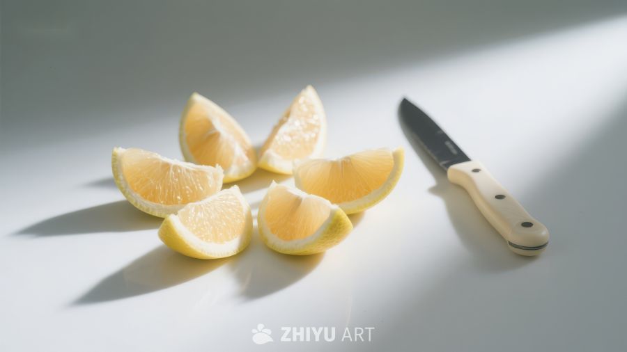 切开的柠檬与刀具