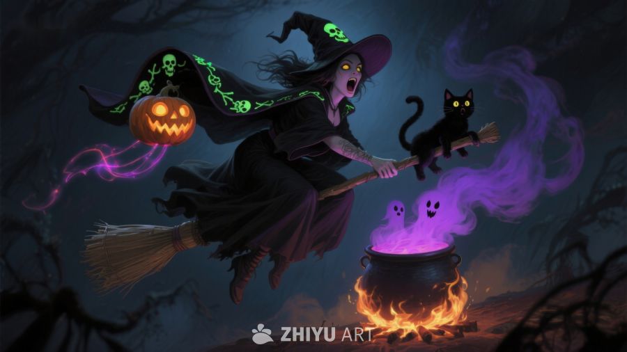 万圣夜巫婆骑扫帚施魔法